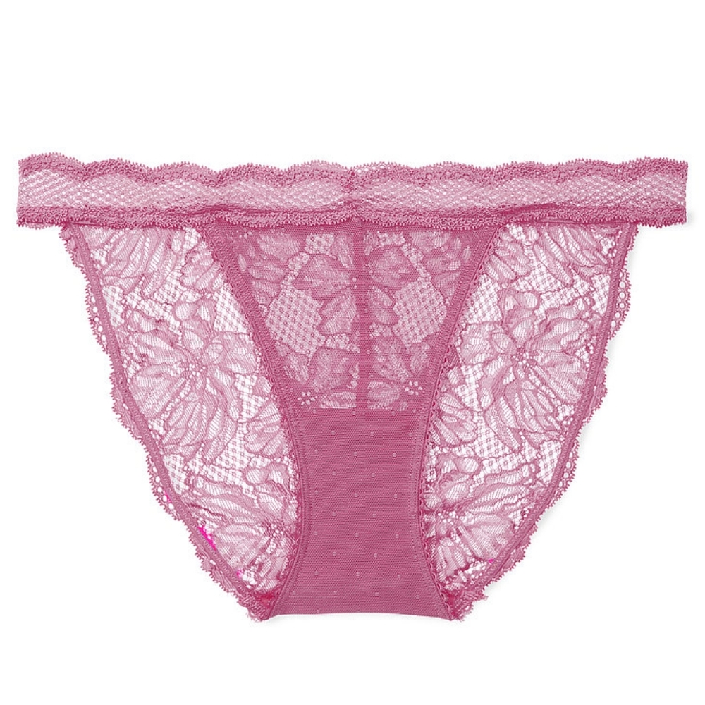 New Victoria's Secret mauve polka dots mesh& floral lace cheekini panty, sz XL